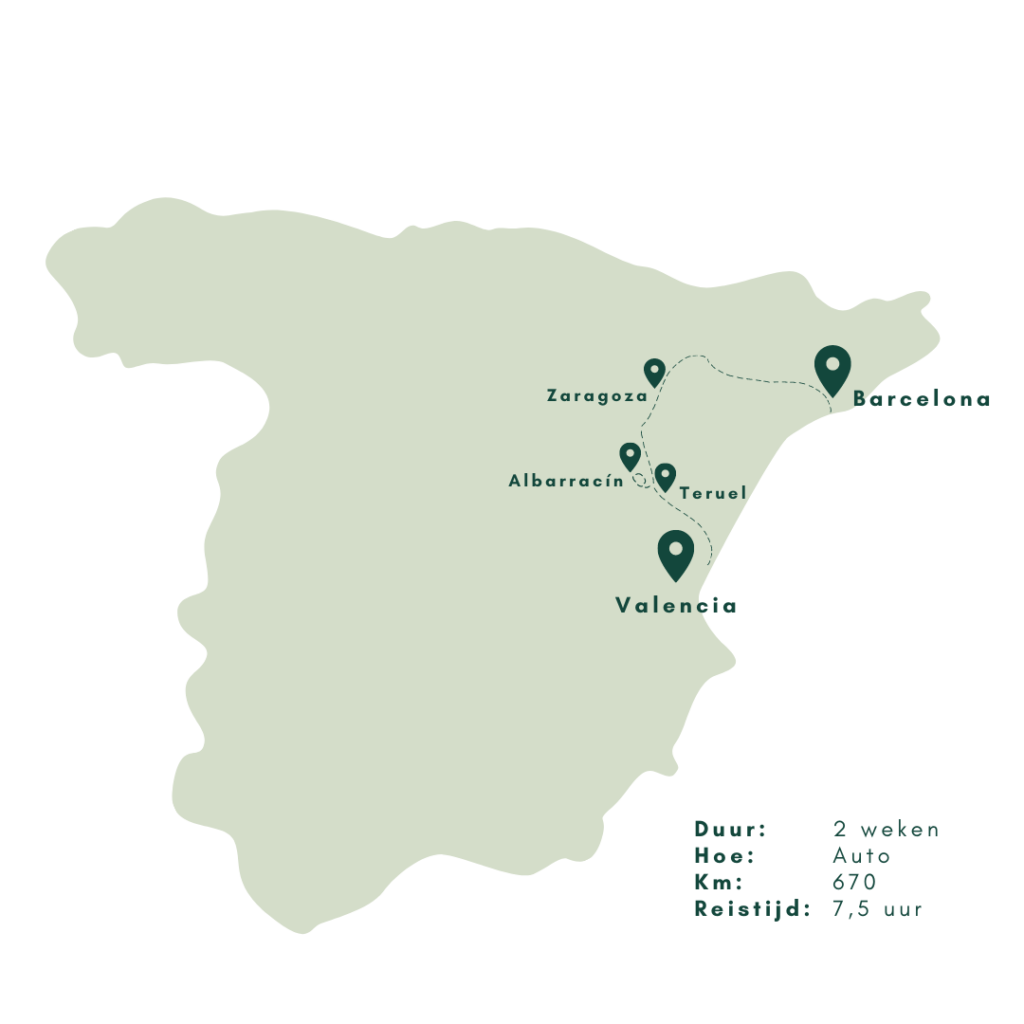 Kaart roadtrip binnenland Spanje